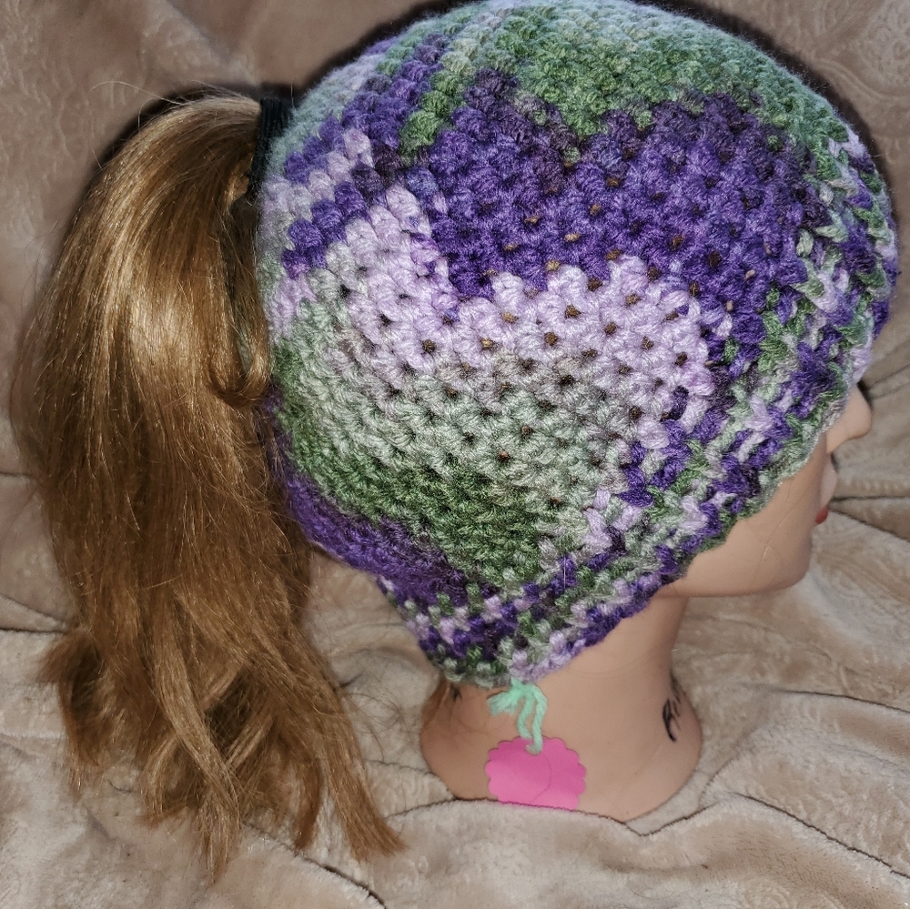 Crochet messy bun beanie